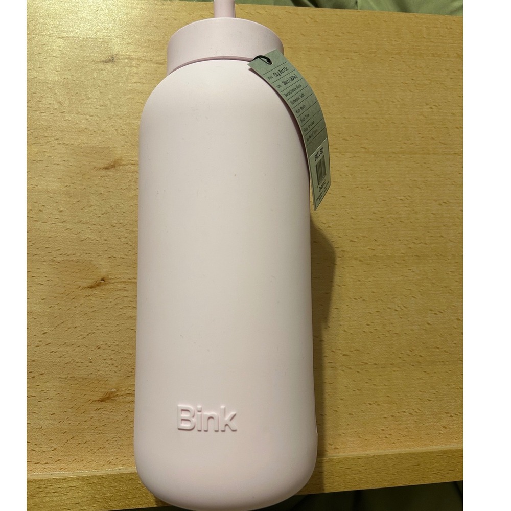 Bink Big Bottle Oyster Pink 36oz Borosilicate Glass Water Bottle Straw Lid NWT